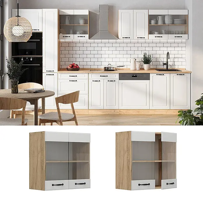 Vicco Schrankküche R-Line Weiß Landhaus - Weiß Landhaus, Hängeglasschrank 60 cm - Moderner Küchen-Wandschrank mit hellem Holz, weißen Platten, Glastüren und schwarzen Griffen.
