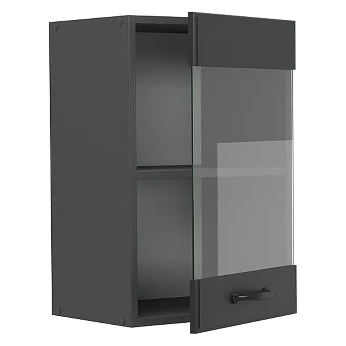 Vicco Schrankküche R-Line Anthrazit Landhaus - Breite: 40 cm, Anthrazit Landhaus, Hängeglasschrank 40 cm - Anthrazitfarbener Hängeschrank mit Schiebetür aus Glas und unterer Schublade mit Griff.