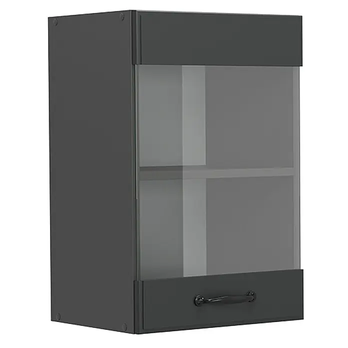 Vicco Schrankküche R-Line Anthrazit Landhaus - Breite: 40 cm, Anthrazit Landhaus, Hängeglasschrank 40 cm - Dunkelgrauer Wandschrank mit Glastür und unterer Schublade mit Griff. Mit Innenregal.