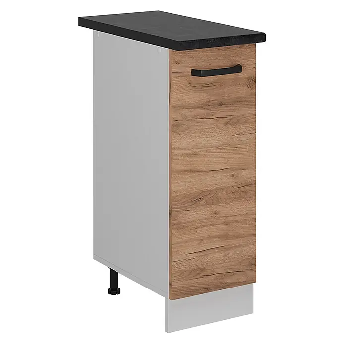 Vicco Schrankküche R-Line Goldkraft Eiche AP Anthrazit - Goldkraft Eiche, Apothekerunterschrank 30 cm, AP Anthrazit - Schmaler Küchenunterschrank mit schwarzer Arbeitsplatte, hellgrauer Seite und Holzoptik-Schubladenfront mit schwarzem Griff.