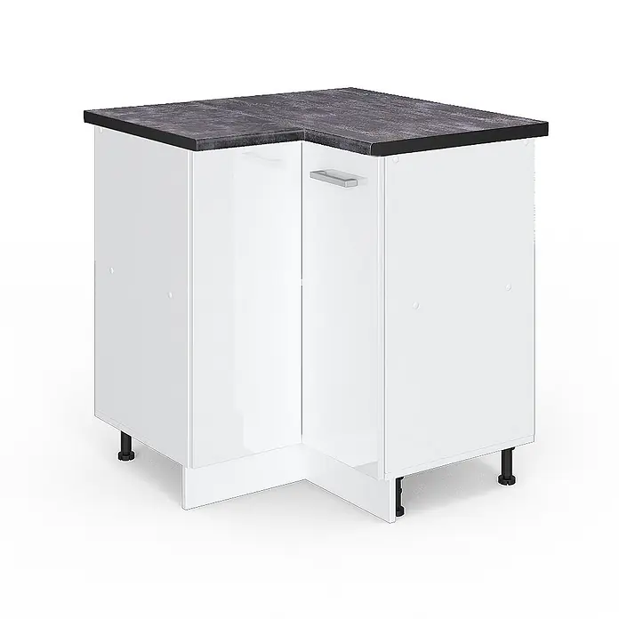 Vicco Schrankküche R-Line Weiß Hochglanz, AP Anthrazit - Weiß Hochglanz, Eckunterschrank - Weißer Kücheneckunterschrank mit dunkelgrauer, texturierter Arbeitsplatte, Metallgriff und verstellbaren Füßen.