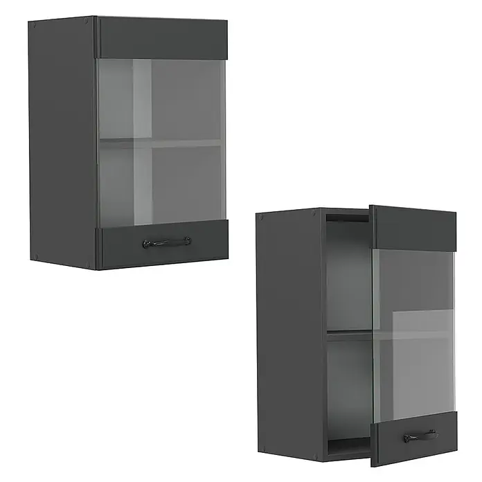 Vicco Schrankküche R-Line Anthrazit Landhaus - Breite: 40 cm, Anthrazit Landhaus, Hängeglasschrank 40 cm - Zwei dunkelgraue Hängeschränke mit Glasfronten und Griffen; einer geschlossen, der andere leicht geöffnet.