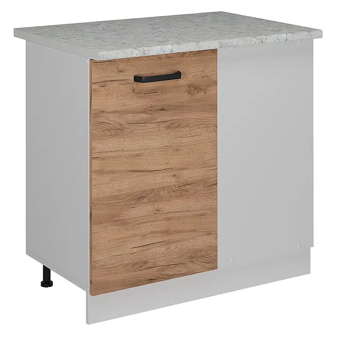 Vicco Schrankküche R-Line Goldkraft Eiche AP Marmor - Goldkraft Eiche, Eckunterschrank 86 cm, AP Marmor - Hellgrauer Küchenunterschrank mit Holzoptik-Tür, schwarzem Griff und gesprenkelter heller Arbeitsplatte.