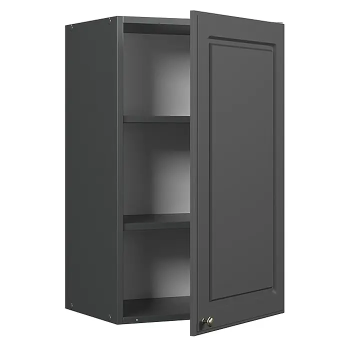 Vicco Schrankküche Fame-Line Anthrazit-Gold Landhaus - Anthrazit-Gold Landhaus, Hängeschrank 45 cm - Dunkelgrauer Wandschrank mit offener Tür, zwei Einlegeböden und einem kleinen messingfarbenen Knauf.