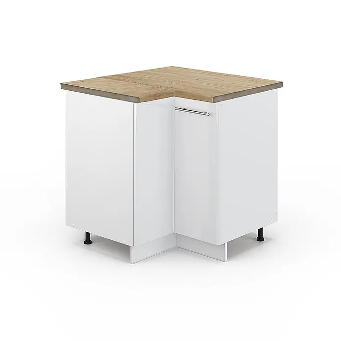 Vicco Schrankküche Fame-Line Weiß Hochglanz, AP Eiche - Weiß Hochglanz, Eckunterschrank, AP Eiche - Weißer Kücheneckunterschrank mit Holzoptik-Arbeitsplatte und Metallgriff.