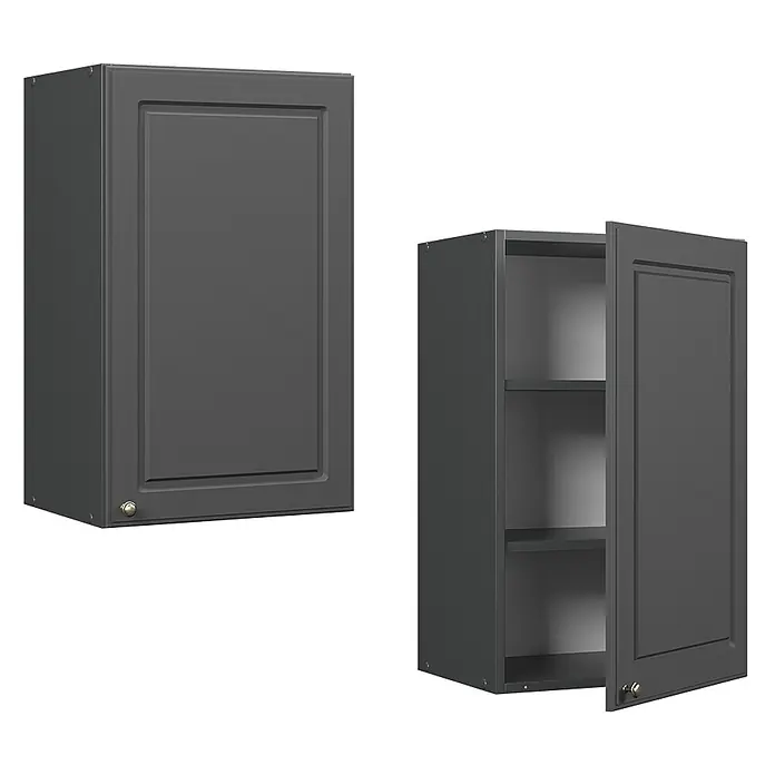 Vicco Schrankküche Fame-Line Anthrazit-Gold Landhaus - Anthrazit-Gold Landhaus, Hängeschrank 45 cm - Zwei dunkelgraue Wandschränke, einer geschlossen, einer offen mit Einlegeböden.