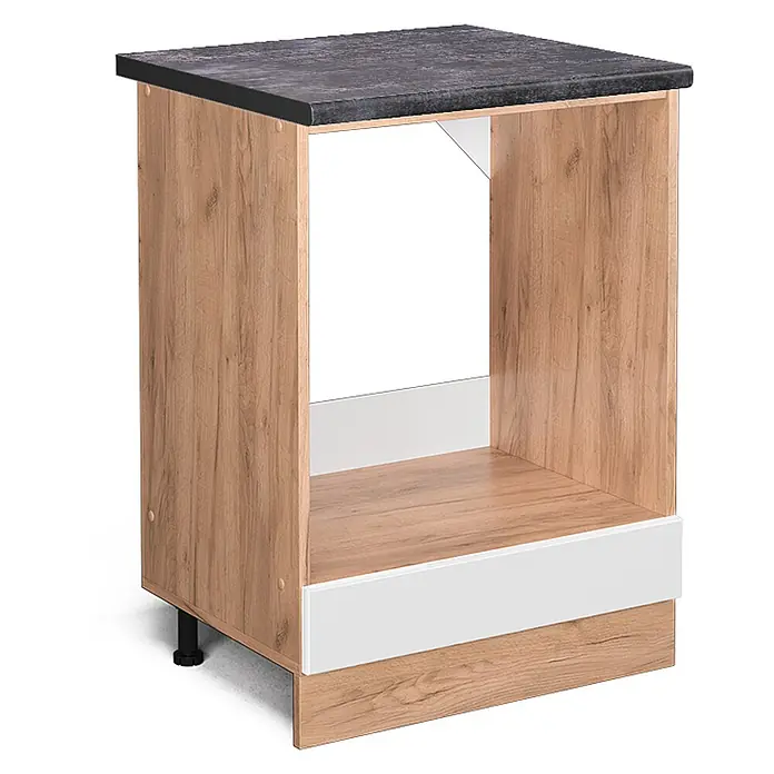 Vicco Schrankküche R-Line Weiß Hochglanz, AP Anthrazit - Weiß Hochglanz, Herdumbauschrank 60 cm, AP Anthrazit - Küchenunterschrank in Holzoptik mit dunkler Arbeitsplatte und weißen Akzenten, für Einbaugeräte.