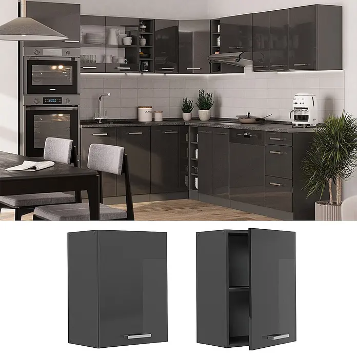 Vicco Schrankküche R-Line Anthrazit Hochglanz - Anthrazit Hochglanz, Hängeschrank 45 cm - Moderne L-förmige Küche mit hochglänzenden dunkelgrauen Schränken, inklusive Ober- und Unterschränken und integrierten Geräten.