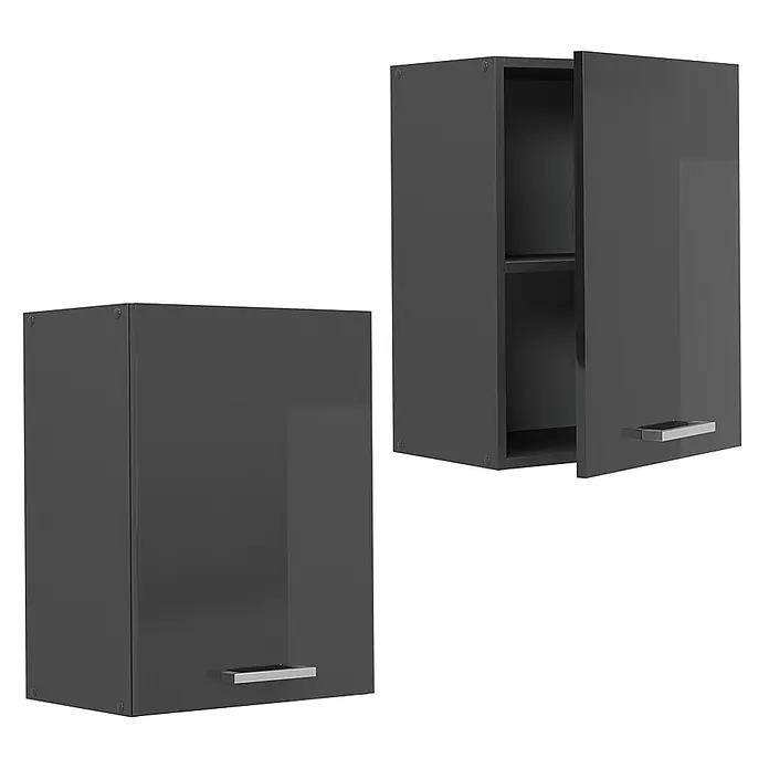 Vicco Schrankküche R-Line Anthrazit Hochglanz - Anthrazit Hochglanz, Hängeschrank 45 cm - Zwei dunkelgraue hochglänzende Hängeschränke, einer geschlossen und einer offen mit Regalböden.