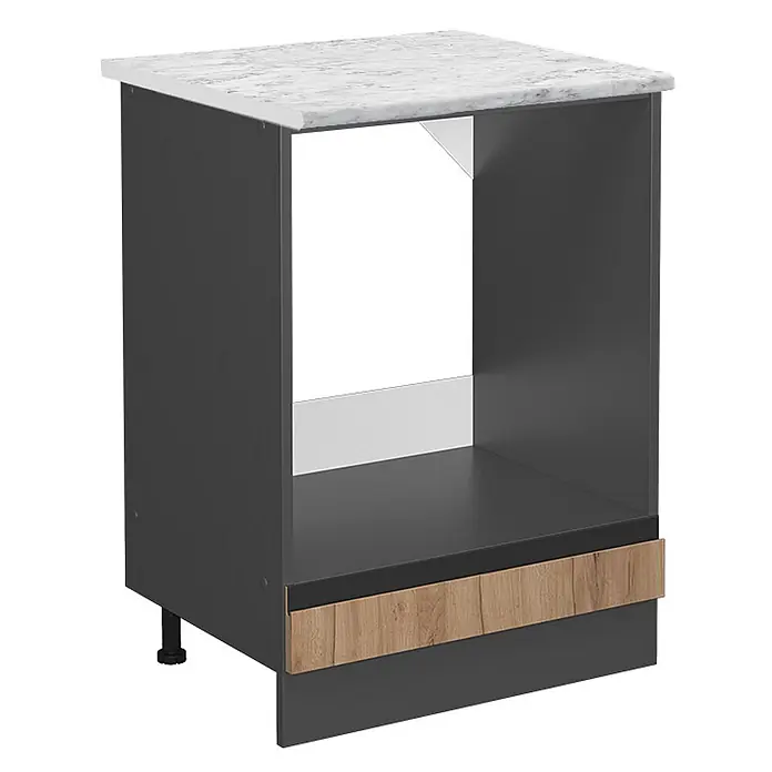 Vicco Schrankküche R-Line Goldkraft Eiche J-Shape AP Marmor - Goldkraft Eiche, Herdumbauschrank 60 cm grifflos, AP Marmor - Dunkelgrauer Küchenunterschrank mit weißer Marmorplatte und Holzdekorstreifen, für Einbaugeräte.