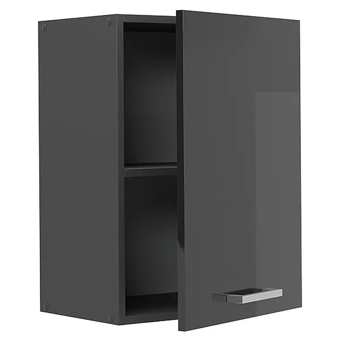 Vicco Schrankküche R-Line Anthrazit Hochglanz - Anthrazit Hochglanz, Hängeschrank 45 cm - Dunkelgrauer Hochglanz-Wandschrank mit offener Tür, innen ein Regal, und Chromgriff.