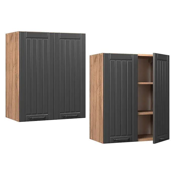 Vicco Schrankküche Fame-Line Dunkelgrau - Dunkelgrau, Hängeschrank 60 cm - Zwei Küchenhängeschränke mit Holzseiten und dunkelgrauen, getäfelten Türen. Ein Schrank ist geöffnet und zeigt Innenablagen.