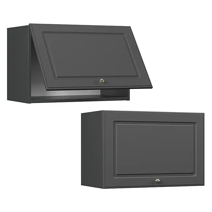 Vicco Schrankküche Fame-Line Anthrazit-Gold Landhaus Flach - Anthrazit-Gold Landhaus, Hängeschrank (flach) 60 cm - Zwei dunkelgraue Küchenoberschränke mit Kassettenfronten und goldenen Knäufen; einer offen, einer geschlossen.