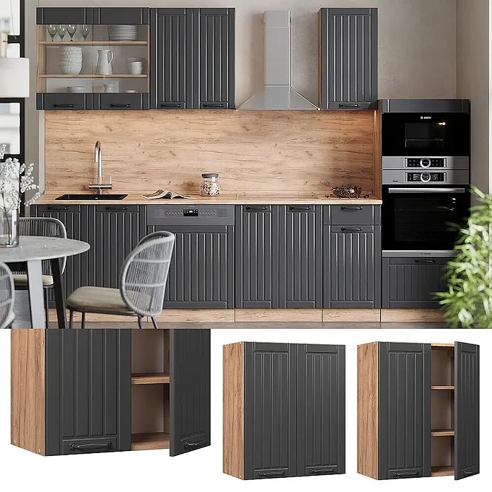 Vicco Schrankküche Fame-Line Dunkelgrau - Dunkelgrau, Hängeschrank 60 cm - Moderne Küche mit dunkelgrauen Paneel-Fronten, Holzoptik-Akzenten, integrierten Geräten und Spüle.