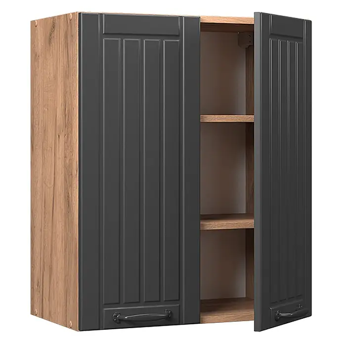 Vicco Schrankküche Fame-Line Dunkelgrau - Dunkelgrau, Hängeschrank 60 cm - Wandschrank mit dunkelgrauen Kassettentüren und Holzmaserungs-Korpus. Eine Tür ist offen, zeigt zwei Regalböden.