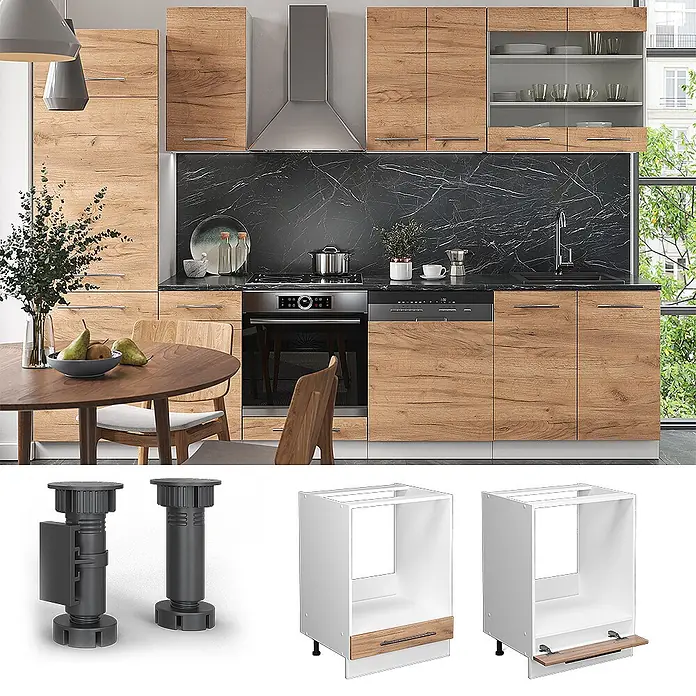 Vicco Schrankküche Fame-Line Goldkraft Eiche ohne Arbeitsplatte - Goldkraft Eiche, Herdumbauschrank 60 cm - Modernes Küchensystem mit hellen Holzdekor-Schränken, dunkler Marmoroptik-Arbeitsplatte, Einbaugeräten und verstellbaren Sockelfüßen.