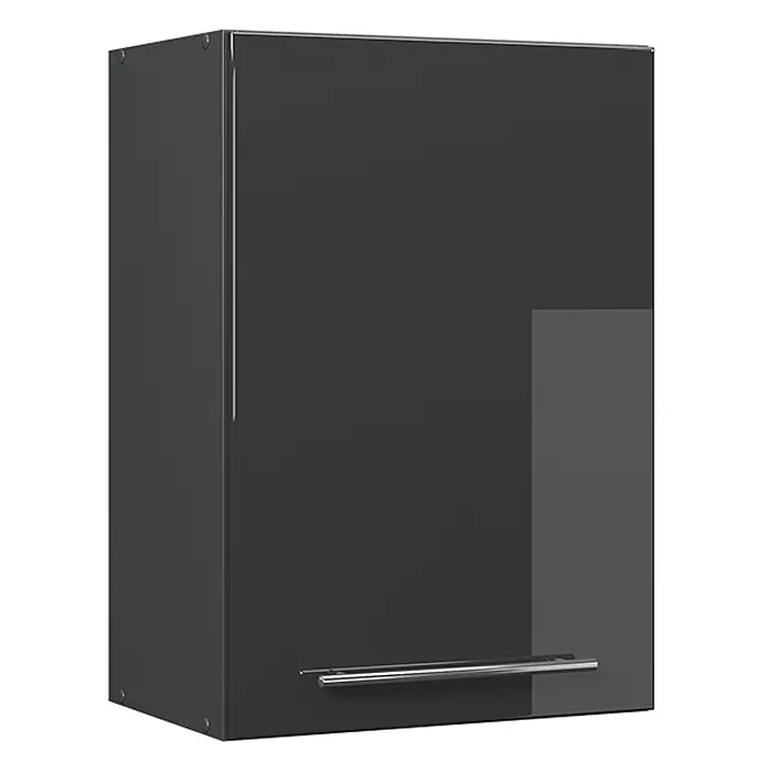 Vicco Schrankküche Fame-Line Anthrazit Hochglanz - Anthrazit Hochglanz, Hängeschrank 50 cm - Anthrazit glänzender Oberschrank mit silbernem Stangengriff.