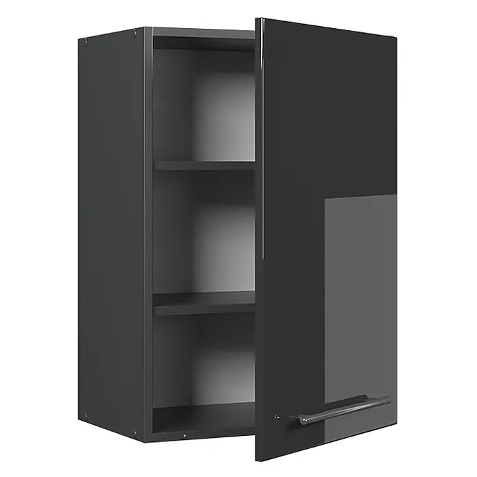 Vicco Schrankküche Fame-Line Anthrazit Hochglanz - Anthrazit Hochglanz, Hängeschrank 50 cm - Dunkelgrauer Hängeschrank mit leicht geöffneter Glanztür, zwei Regalböden und einem Griff.
