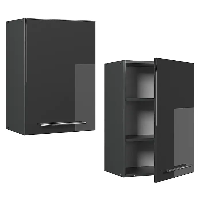 Vicco Schrankküche Fame-Line Anthrazit Hochglanz - Anthrazit Hochglanz, Hängeschrank 50 cm - Dunkelgrauer Hochglanz-Hängeschrank mit silbernem Griff, geschlossen und offen mit Regalböden gezeigt.