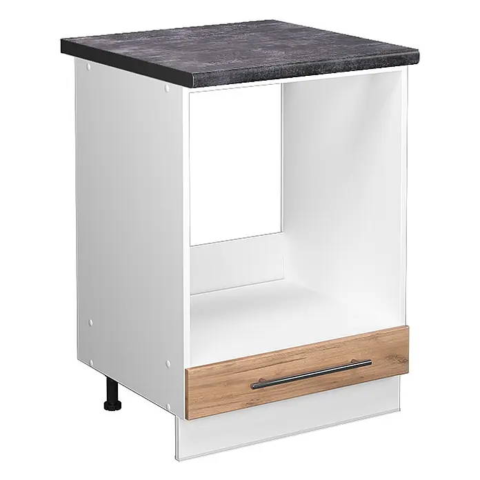 Vicco Schrankküche Fame-Line Goldkraft Eiche, AP Anthrazit - Goldkraft Eiche, Herdumbauschrank 60 cm, AP Anthrazit - Weißer Küchenunterschrank mit dunkler Arbeitsplatte, offenem Fach und Holzschublade mit Metallgriff. Mit verstellbaren Füßen.