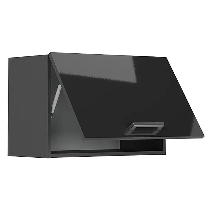 Vicco Schrankküche R-Line Anthrazit Hochglanz Flach - Anthrazit Hochglanz, Hängeschrank 60 cm (flach) - Dunkelgrauer Wandschrank mit teiloffener Hochglanz-Tür in Schwarz, Gasdruckfeder und silbernem Griff sichtbar.