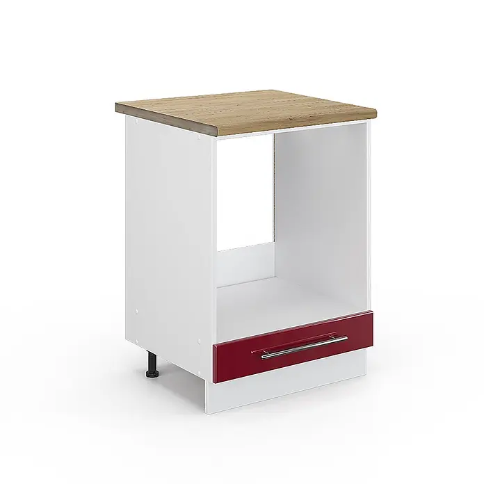 Vicco Schrankküche Fame-Line Bordeaux Hochglanz, AP Eiche - Bordeaux Hochglanz, Herdumbauschrank 60 cm, AP Eiche - Weißer Küchenunterschrank mit Holzplatte, offenem Gerätefach und roter Schublade.