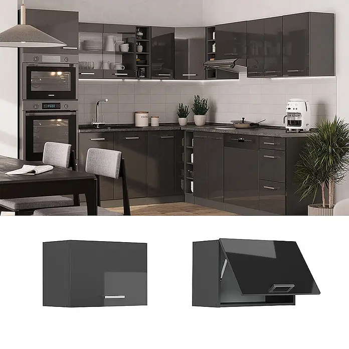 Vicco Schrankküche R-Line Anthrazit Hochglanz Flach - Anthrazit Hochglanz, Hängeschrank 60 cm (flach) - Dunkelgraue Hochglanz-Küchenschränke in einer modernen Kücheneinrichtung, die Stauraum und schlankes Design zeigen.