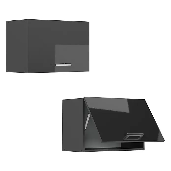Vicco Schrankküche R-Line Anthrazit Hochglanz Flach - Anthrazit Hochglanz, Hängeschrank 60 cm (flach) - Dunkelgrauer glänzender Hängeschrank, geschlossen und mit geöffneter Klapptür, die das Innere zeigt.