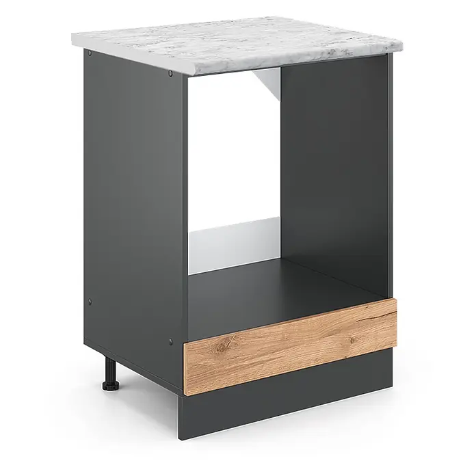 Vicco Schrankküche R-Line Goldkraft Eiche AP Marmor - Goldkraft Eiche, Herdumbauschrank 60 cm, AP Marmor - Dunkelgrauer Unterschrank mit weißer Marmoroptik-Arbeitsplatte und Holzleiste. Verfügt über ein offenes Fach.
