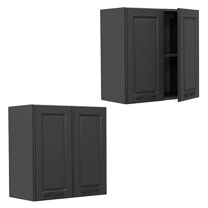Vicco Schrankküche R-Line Anthrazit Landhaus - Anthrazit Landhaus, Hängeschrank 60 cm - Zwei dunkelgraue Küchen-Hängeschränke, einer geschlossen, einer offen mit Regalbrett, mit Shaker-Türen und dunklen Griffen.
