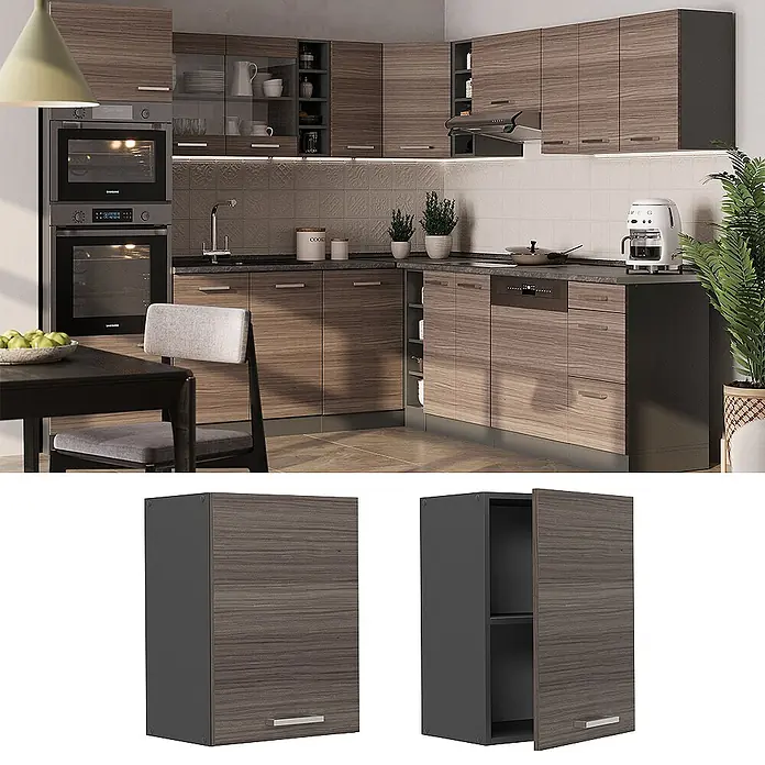 Vicco Schrankküche R-Line Edelgrau - Edelgrau, Hängeschrank 45 cm - Moderne Küchenzeile mit dunkelbraunen Holzdekor-Schränken, dunkelgrauen Rahmen und integrierten Geräten.