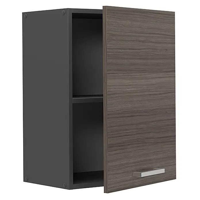 Vicco Schrankküche R-Line Edelgrau - Edelgrau, Hängeschrank 45 cm - Dunkelgrauer Wandschrank mit holzgemaserter Tür, leicht geöffnet, zeigt einen Einlegeboden und einen silbernen Griff.