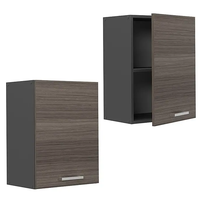 Vicco Schrankküche R-Line Edelgrau - Edelgrau, Hängeschrank 45 cm - Zwei Hängeschränke in dunkler Holzoptik mit dunkelgrauen Seiten; einer geschlossen, einer offen mit Regal.
