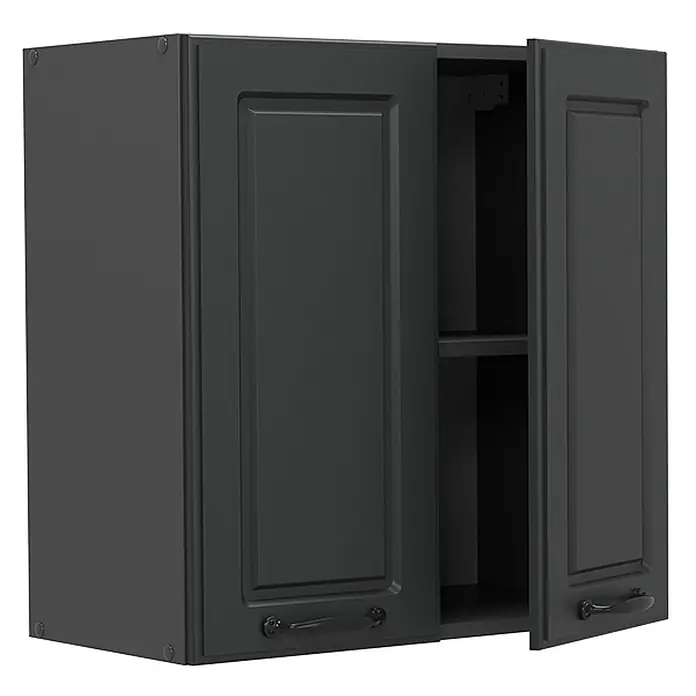 Vicco Schrankküche R-Line Anthrazit Landhaus - Anthrazit Landhaus, Hängeschrank 60 cm - Dunkelgrauer zweitüriger Küchenoberschrank mit Kassettenfronten und schwarzen Griffen. Eine Tür ist offen und zeigt ein Innenregal.