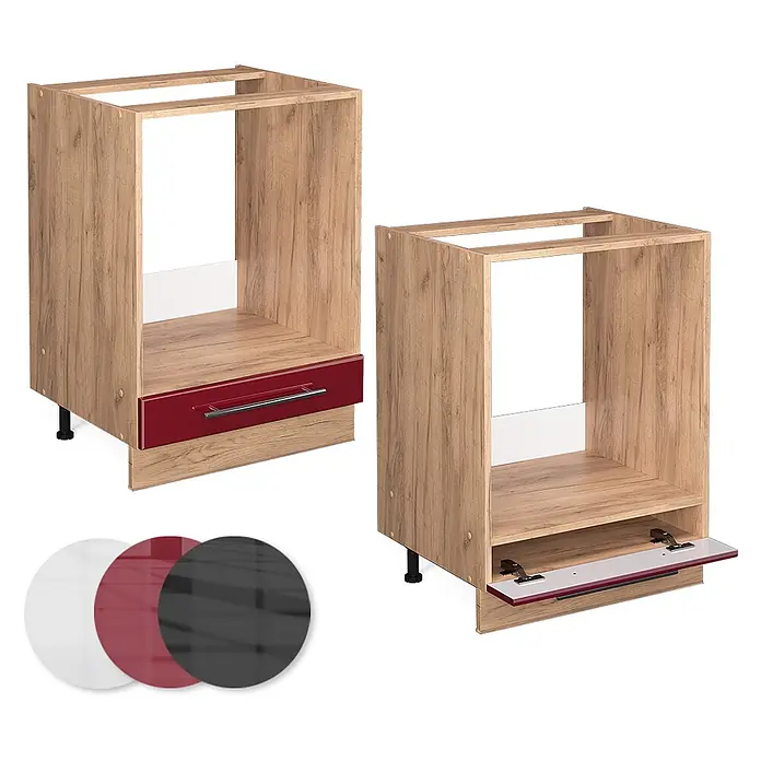 Vicco Schrankküche Fame-Line Bordeaux Hochglanz, AP Marmor - Bordeaux Hochglanz, Herdumbauschrank 60 cm, AP Marmor - Holzoptik-Unterschränke für Backofen mit roter Schublade/Klappe, optional weiße/schwarze Fronten.