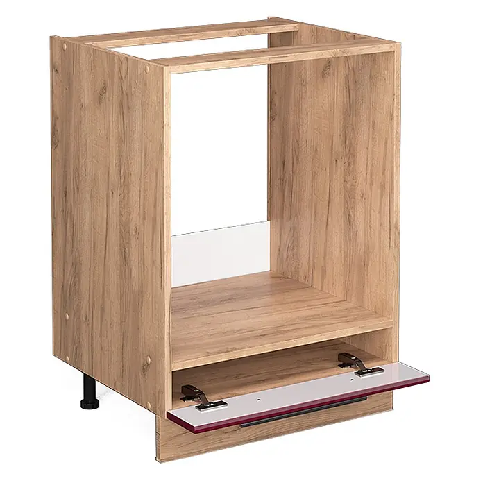 Vicco Schrankküche Fame-Line Bordeaux Hochglanz, AP Marmor - Bordeaux Hochglanz, Herdumbauschrank 60 cm, AP Marmor - Küchenunterschrank in heller Holzoptik für Einbaugerät, mit Klappe und verstellbaren Füßen.