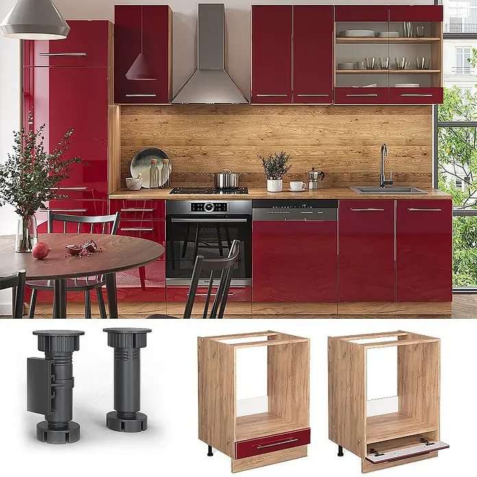 Vicco Schrankküche Fame-Line Bordeaux Hochglanz, AP Marmor - Bordeaux Hochglanz, Herdumbauschrank 60 cm, AP Marmor - Moderne hochglanzrote Küchenunterschränke für Backofen und Geschirrspüler, mit verstellbaren Füßen und Holzdekor, in einer Küchenumgebung.
