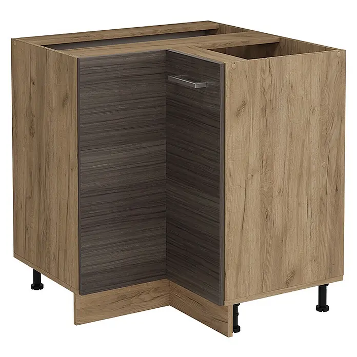 Vicco Schrankküche R-Line Edelgrau ohne Arbeitsplatte - Edelgrau, Eckunterschrank - Eckunterschrank mit Holzoptikrahmen, dunkelgrauen Türpaneelen und Metallgriff. Mit verstellbaren Beinen.