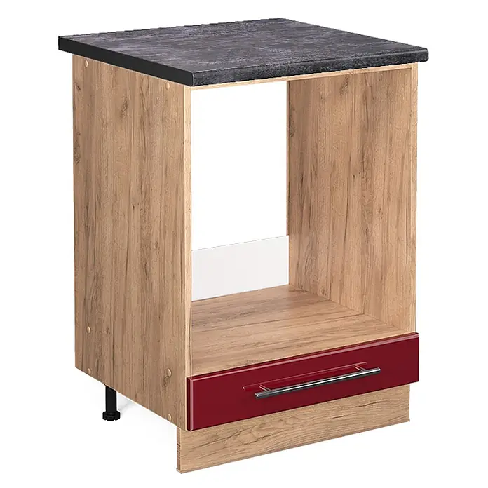 Vicco Schrankküche Fame-Line Bordeaux Hochglanz, AP Anthrazit - Bordeaux Hochglanz, Herdumbauschrank 60 cm, AP Anthrazit - Heller Holzoptik-Schrank mit dunkelgrauer Arbeitsplatte, offenem Fach und glänzend roter Schublade mit Griff.