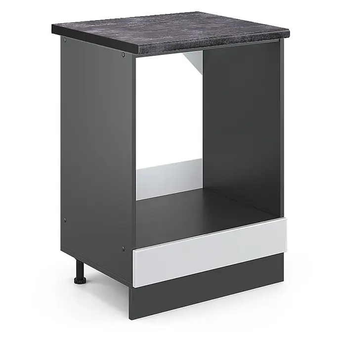 Vicco Schrankküche R-Line Weiß Hochglanz, AP Anthrazit - Weiß Hochglanz, Herdumbauschrank 60 cm, AP Anthrazit - Dunkelgrauer offener Küchenunterschrank mit gesprenkelter dunkler Arbeitsplatte und silbernen Sockelblenden, mit verstellbaren Füßen.