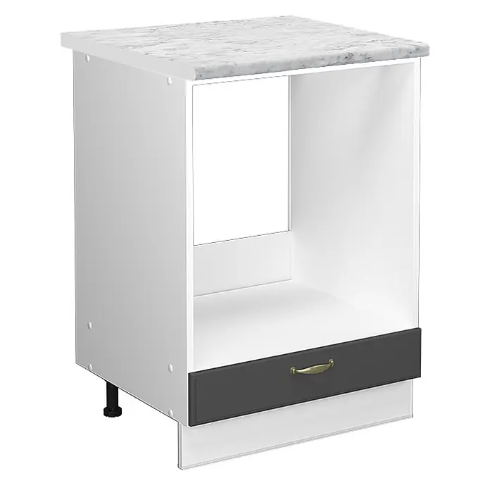 Vicco Schrankküche Fame-Line Anthrazit-Gold, AP Marmor - Anthrazit-Gold, Herdumbauschrank 60 cm, AP Marmor - Weißer Unterschrank mit Marmor-Arbeitsplatte, offenem Fach und dunkelgrauer Schublade mit goldenem Griff.