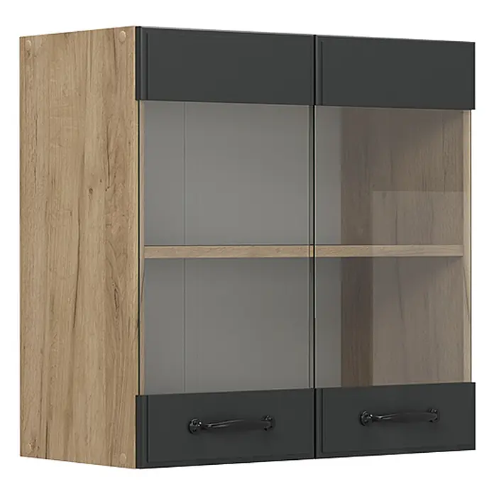 Vicco Schrankküche R-Line Anthrazit Landhaus - Anthrazit Landhaus, Hängeglasschrank 60 cm - Hängeschrank: helle Holzmaserung an der Seite, dunkelgraue Ober-/Unterplatten, Glastüren mit Regal und schwarzen Griffen.