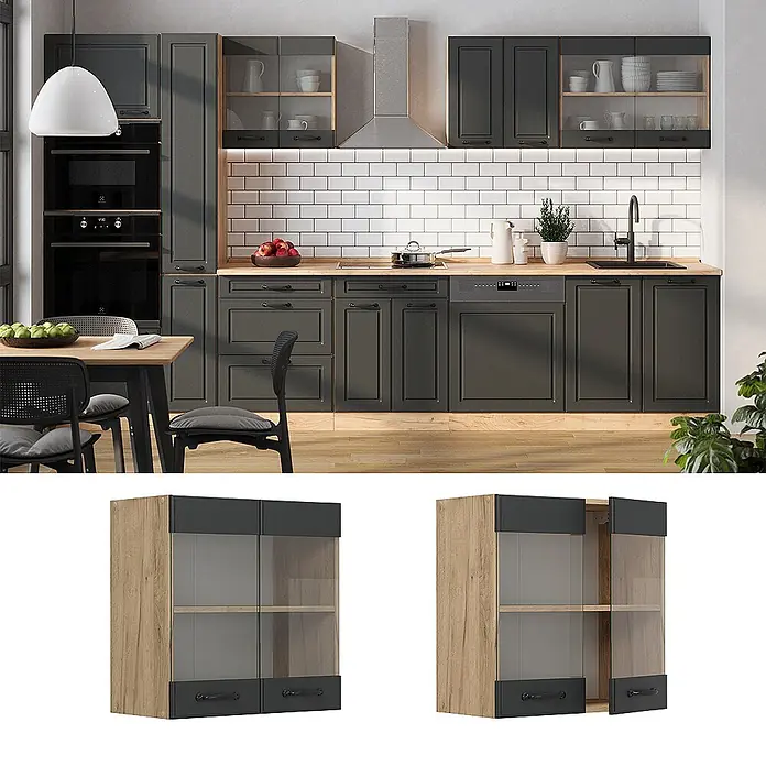 Vicco Schrankküche R-Line Anthrazit Landhaus - Anthrazit Landhaus, Hängeglasschrank 60 cm - Moderner Wandschrank mit Holz-Effektseiten, dunkelgrauen Ober-/Unterseiten und Glastüren, integriert in eine stilvolle Küche.
