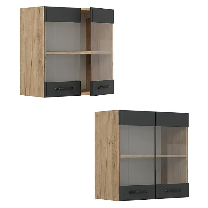 Vicco Schrankküche R-Line Anthrazit Landhaus - Anthrazit Landhaus, Hängeglasschrank 60 cm - Wandhängender Schrank in Eiche-Optik und Dunkelgrau mit Glastüren und schwarzen Griffen, ideal für modernen Stauraum.