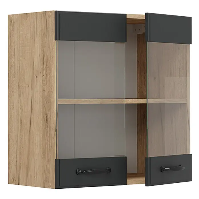 Vicco Schrankküche R-Line Anthrazit Landhaus - Anthrazit Landhaus, Hängeglasschrank 60 cm - Küchenhängeschrank in Holzoptik und Dunkelgrau mit Glastüren und schwarzen Griffen, eine Tür leicht geöffnet.