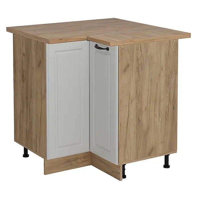 Vicco Schrankküche R-Line Weiß Landhaus, AP Eiche - Weiß Landhaus, Eckunterschrank - Eckunterschrank für die Küche in heller Holzoptik, mit weißen Kassettentüren und ausziehbarer Arbeitsplatte.