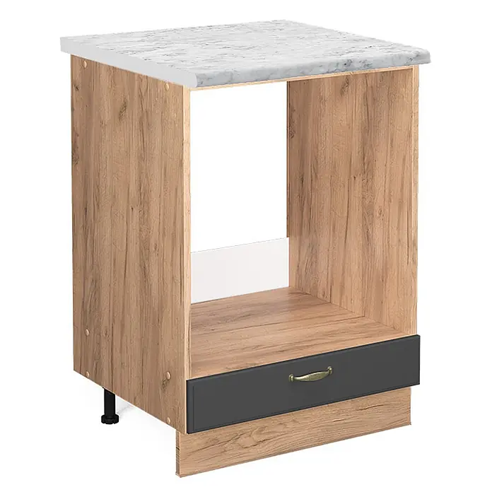Vicco Schrankküche Fame-Line Anthrazit-Gold, AP Marmor - Anthrazit-Gold, Herdumbauschrank 60 cm, AP Marmor - Küchenschrank in heller Holzoptik mit Marmorplatte, offenem Fach und dunkelgrauer Schublade mit Messinggriff.