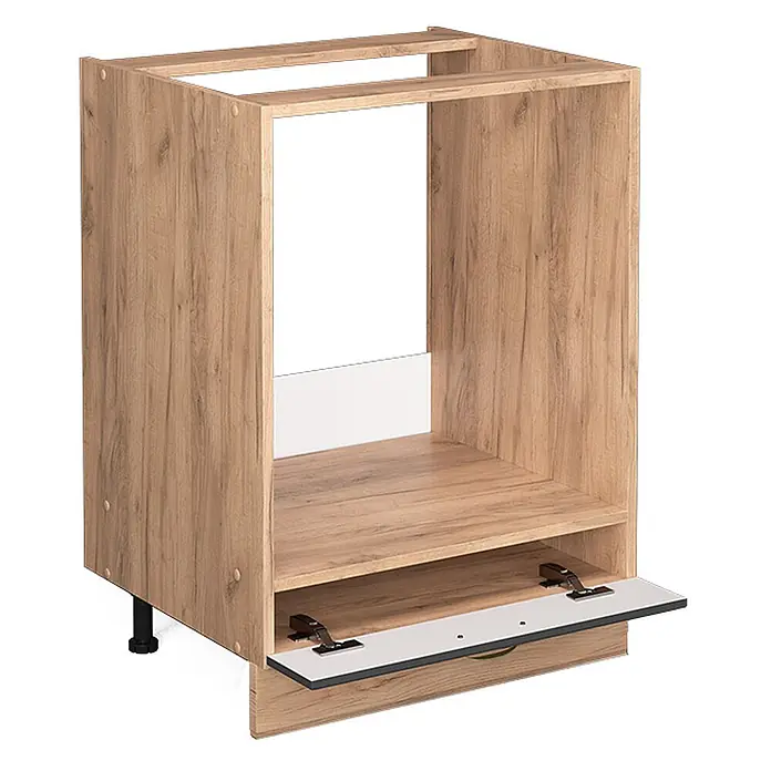 Vicco Schrankküche Fame-Line Anthrazit-Gold, AP Eiche - Anthrazit-Gold, Herdumbauschrank 60 cm, AP Eiche - Heller Unterschrank in Eichenoptik für Einbauherd, mit offenem Fach und einer aufklappbaren Bodenschublade.