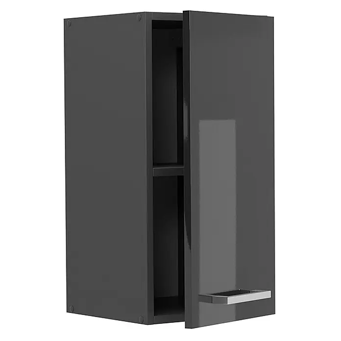 Vicco Schrankküche R-Line Anthrazit Hochglanz - Anthrazit Hochglanz, Hängeschrank 30 cm - Dunkelgrauer Hochglanz-Wandschrank mit teilweise geöffneter Tür, offenbart ein internes Regal und einen silbernen Griff.