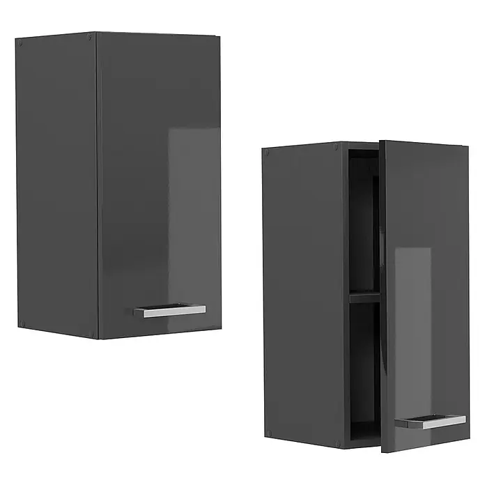 Vicco Schrankküche R-Line Anthrazit Hochglanz - Anthrazit Hochglanz, Hängeschrank 30 cm - Zwei glänzende dunkelgraue Hängeschränke mit Griffen, einer geschlossen, einer offen mit Innenfach.